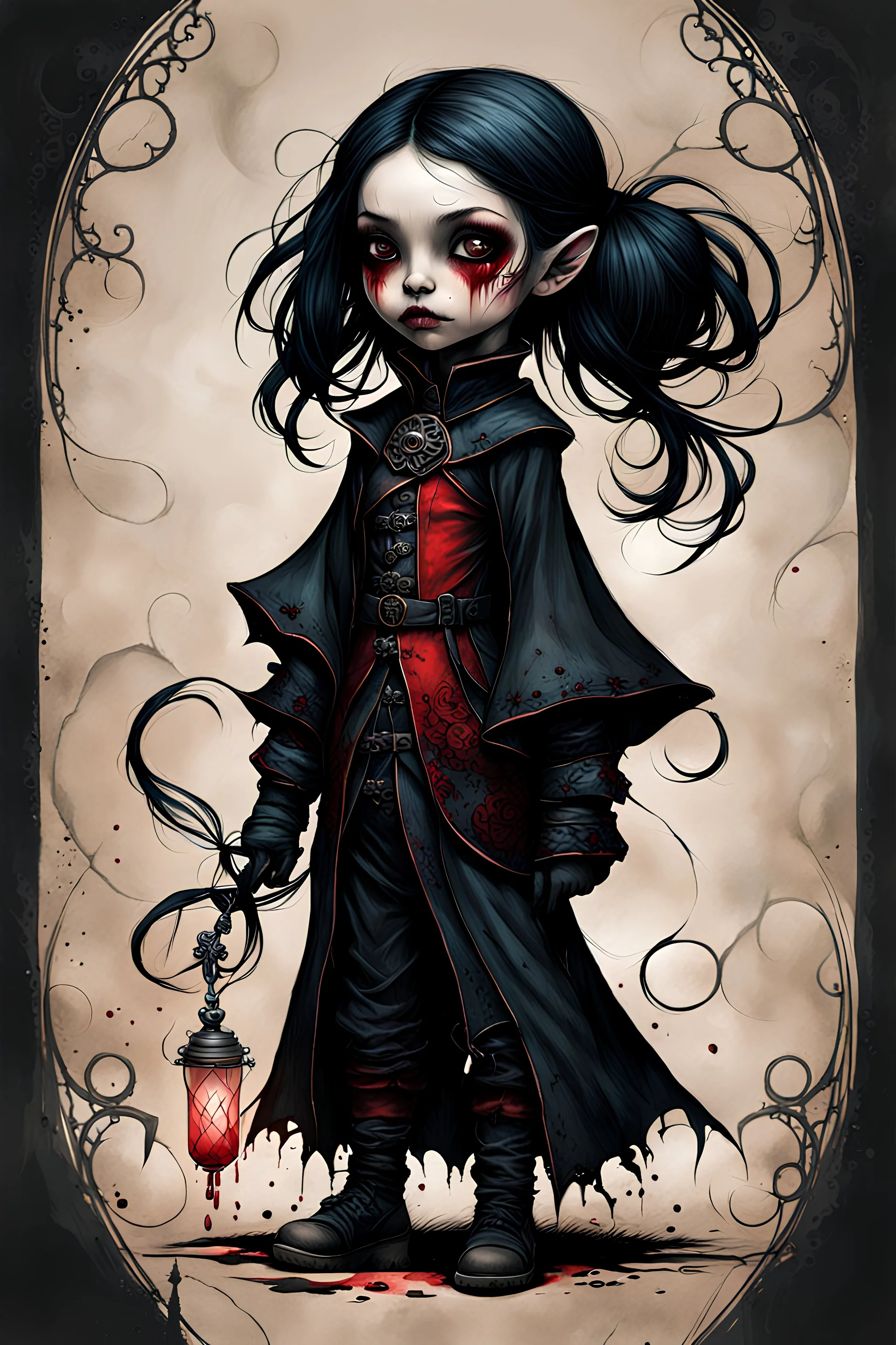 create a highly ethereal, darkly magical full body portrait illustration of a lonely orphan goth vampire girl , with highly detailed and deeply cut facial features, in the the style of JEAN-BAPTISTE MONGE, searing lines and forceful strokes, precisely drawn, boldly inked, with vibrant colors