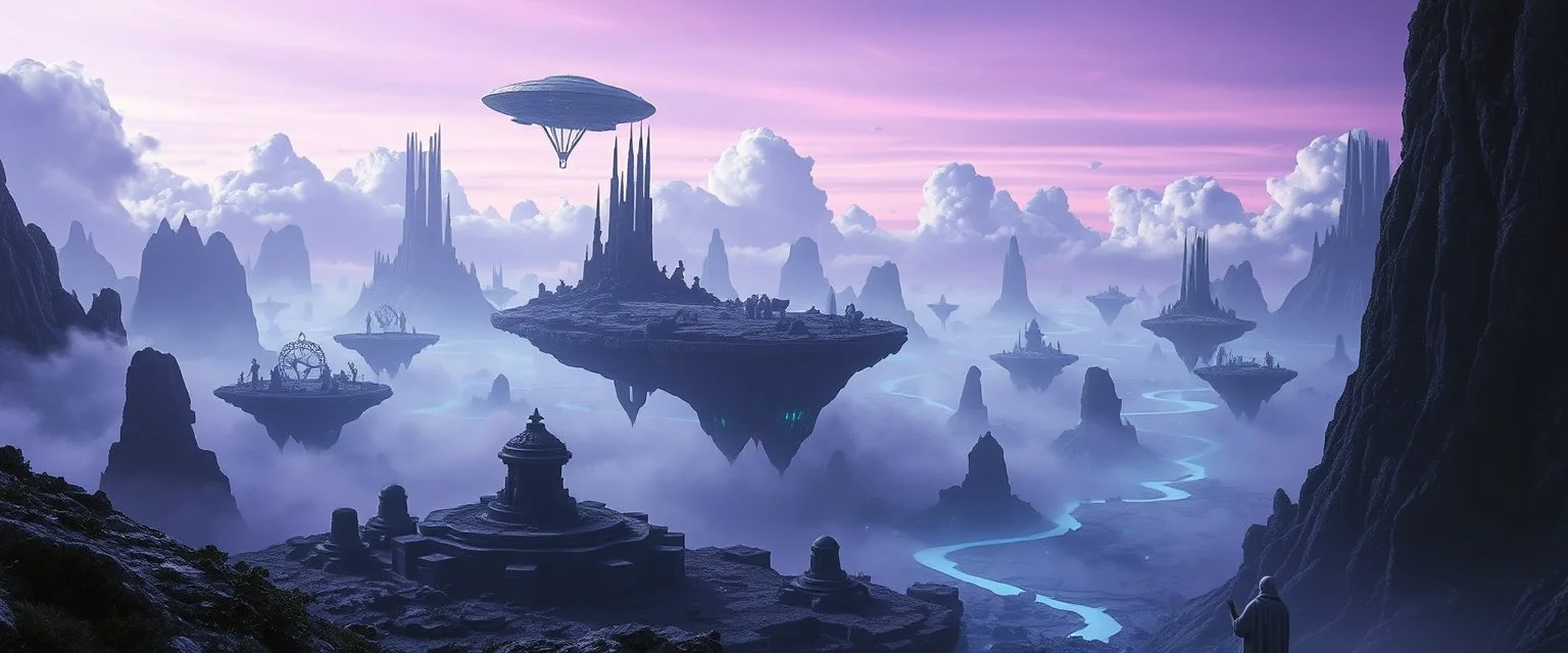 A strange alien world beneath a violet sky. Enormous black forests surround floating stone islands suspended above glowing rivers of mist. Ancient towers breathe clouds into the sky while soft blue lights move beneath the ground. A broker landing ship descends toward mysterious ruins where cloaked alien outcasts silently wait. Epic fantasy science fiction, cinematic landscape, highly detailed, beautiful lighting, surreal yet believable, concept art, 8k.