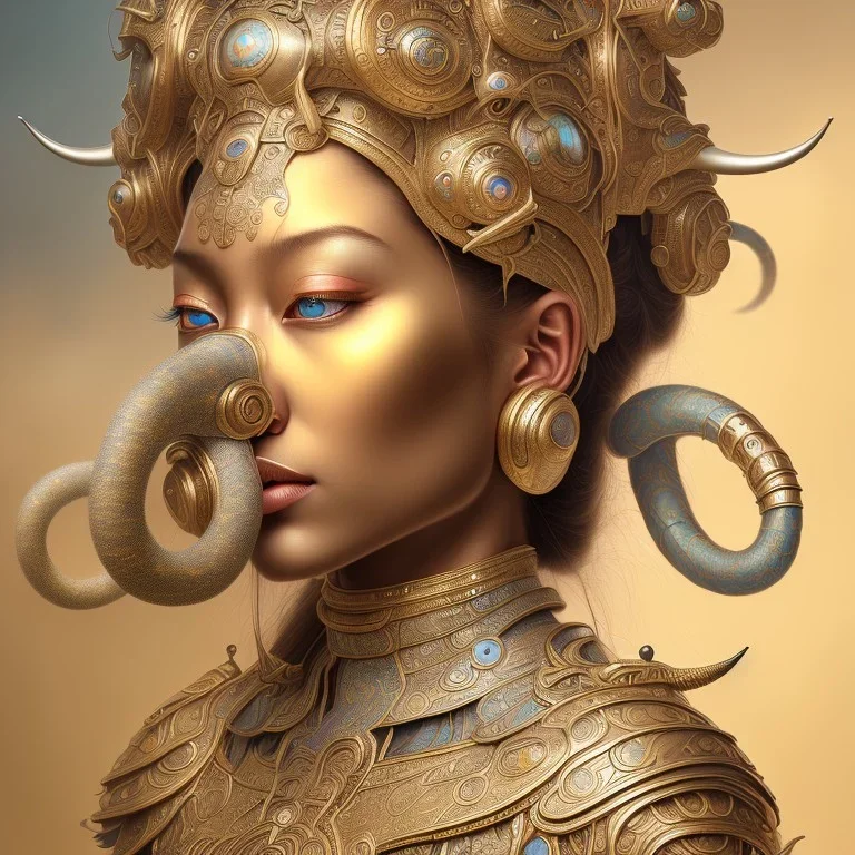 Sango fantasy, fantasy magic, intricate, sharp focus, illustration, highly detailed, digital painting, concept art, matte, art germ and Paul Lewin and Kehinde Wiley, masterpiece silver elephant head bronze Buddha Asian African girl nice breast Hawaiian hair turquoise golden waves