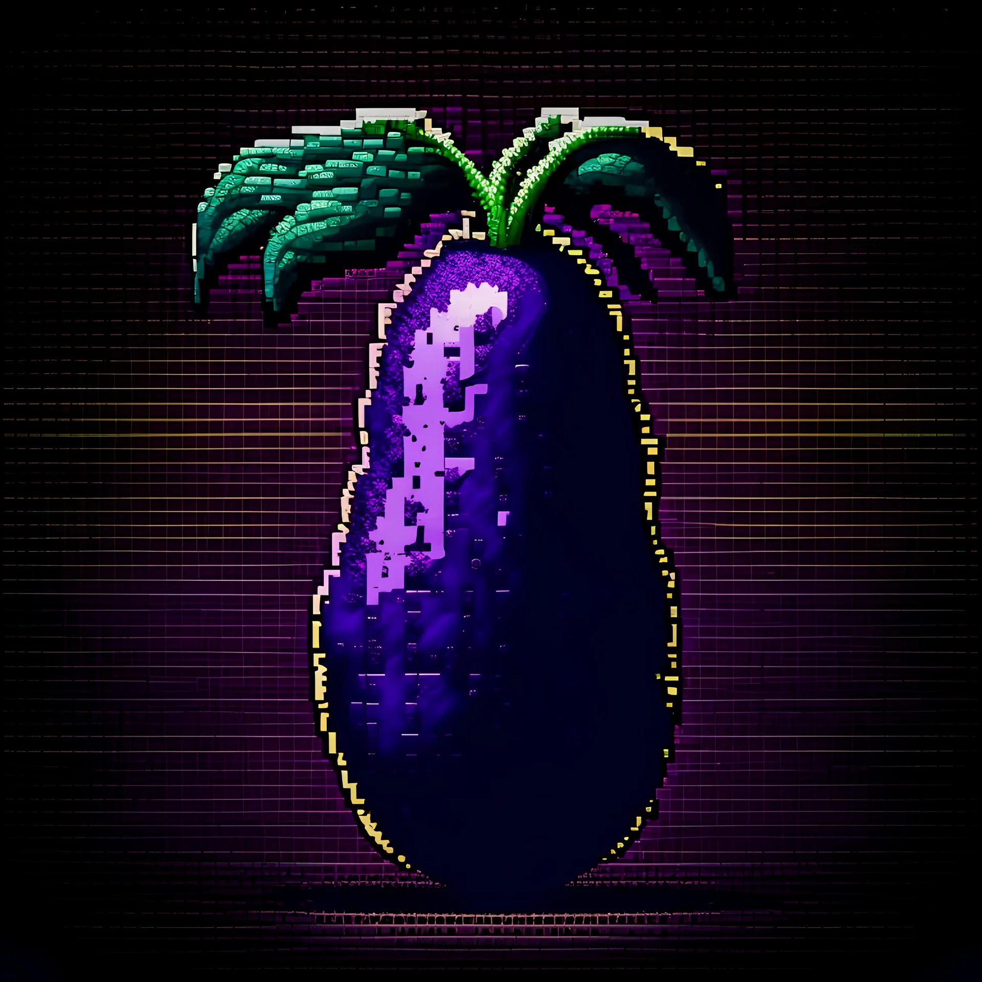 Highly detailed high quality pixelated art giant eggplant emoji, graphic design, dark aura background