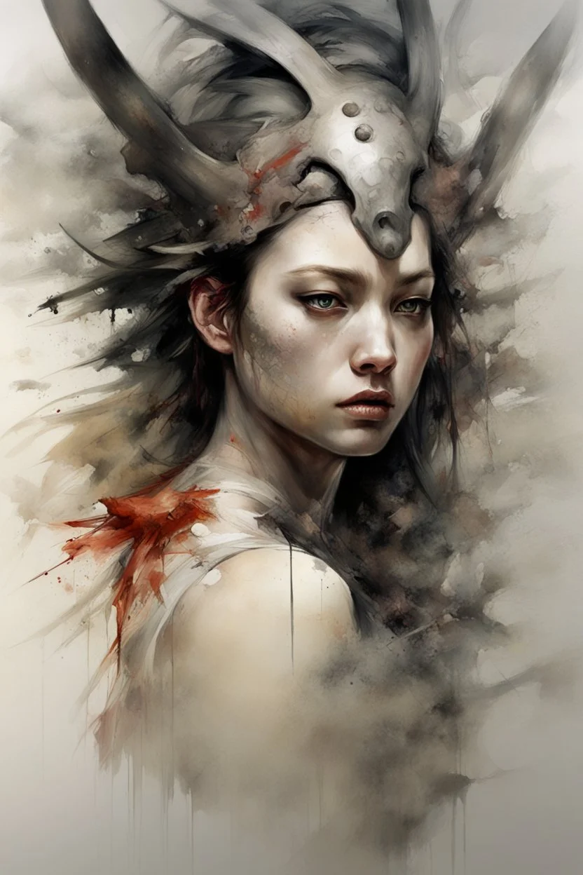 The warrior girl reflects the enemy's blow, without a background, oil and graphite, wide strokes, a weaving frame around, by Ryohei Hase, Agnes Cecile, Raymond Swanland, Anne Bachelier