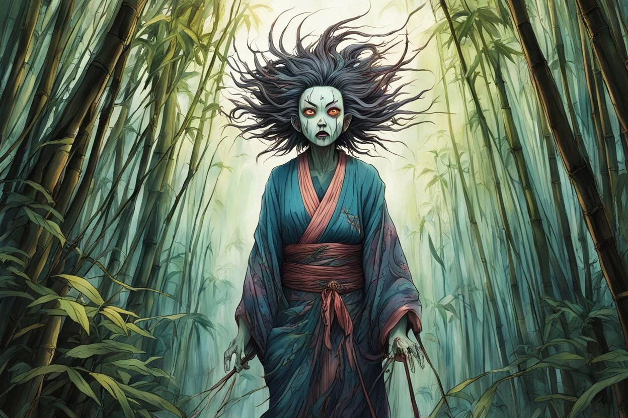 full color front facing full body portrait of a yokai spirit possessed womanl with highly detailed hair and slim, narrow facial features, trekking through haunted mountain bamboo forest, pierced by shafts of early evening light , danger lurks everywhere but she is undeterred and resolute in her purpose, art in the style of spirited away, studio ghibli, Alex Pardee, 8k , finely detailed and precise line work, soft gauzy pastel colors