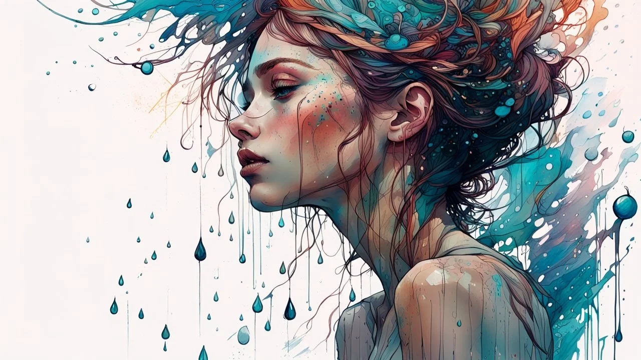 Raindrops on the roof, Pitter-patter lullaby, Cleansing for the soul| dynamic pose |centered| key visual| intricate| highly detailed| breathtaking beauty| precise lineart| vibrant| comprehensive cinematic| Carne Griffiths| Conrad Roset| Anna Dittmann| overcast