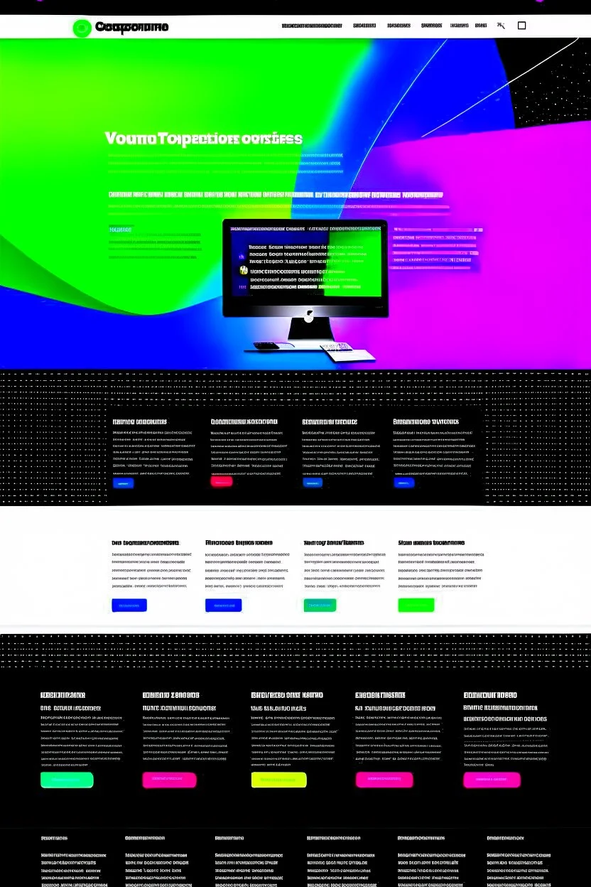 screenshot of a modern marketing agency landing page with navigation, photos and text on paper, colorful, many details, dark ambience, 8k