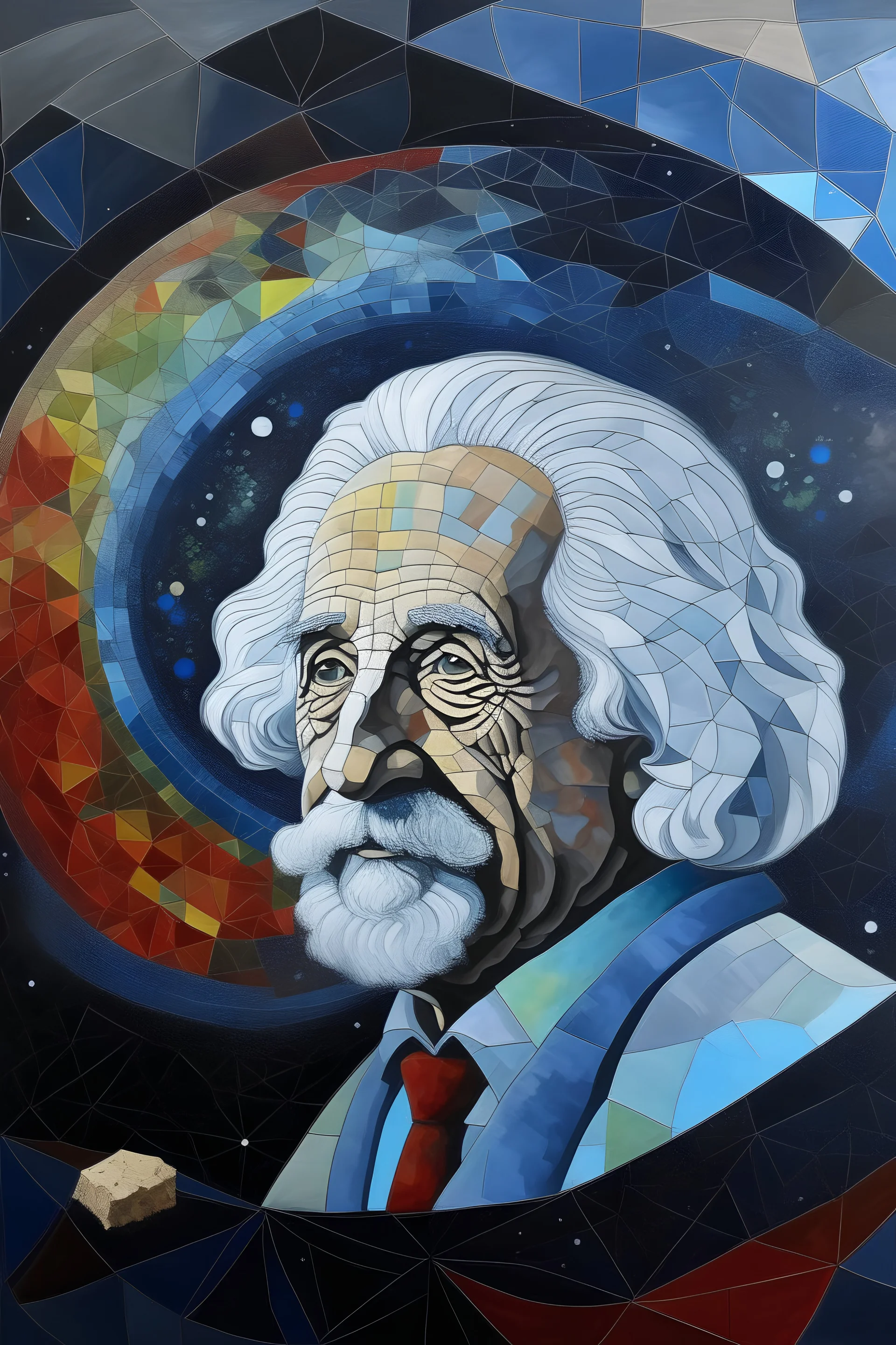 painting and mosaic of albert einstein looking into the universe from a distance