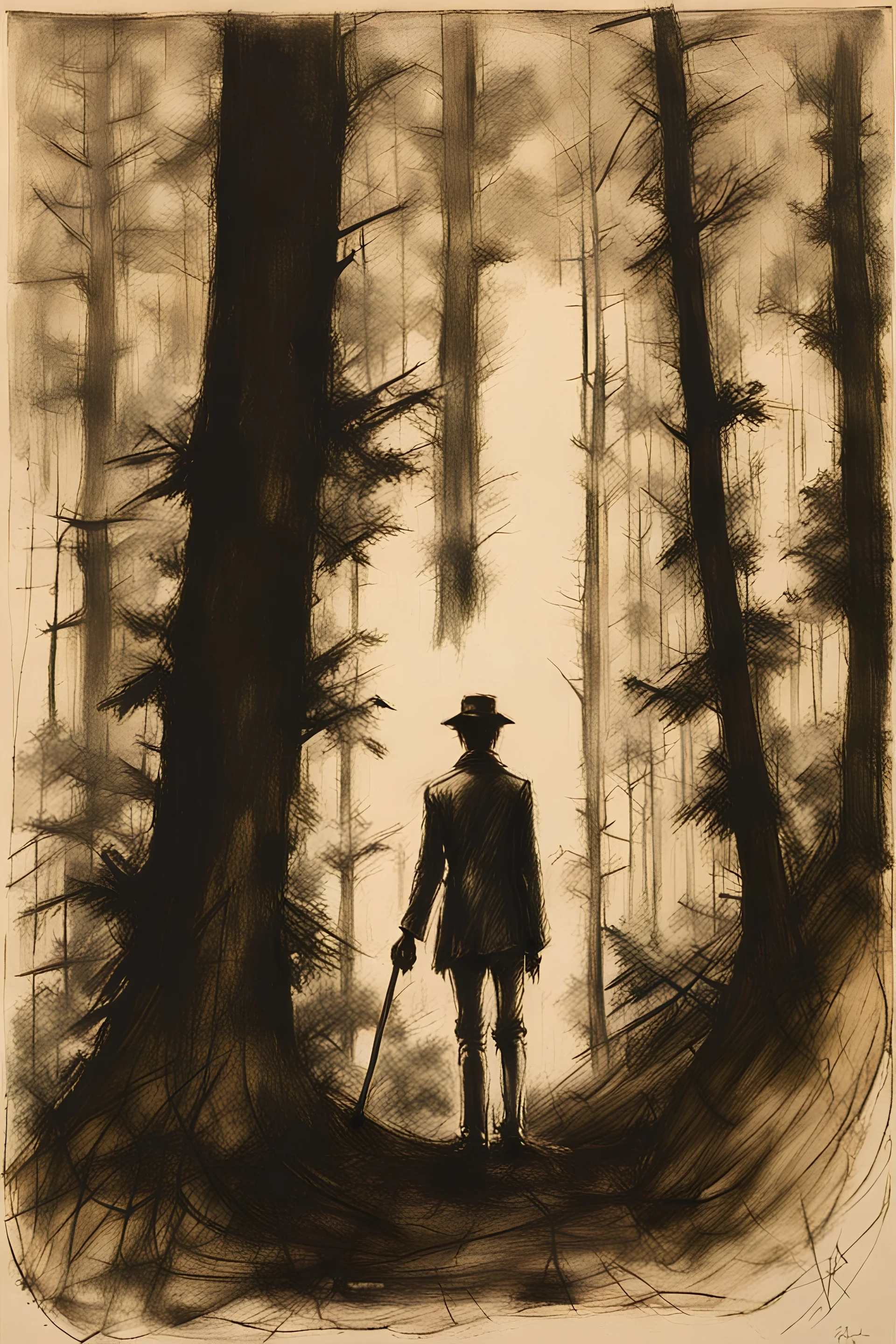 A pale slender tall figure enters the forest, dark charcoal drawing by William Kentridge