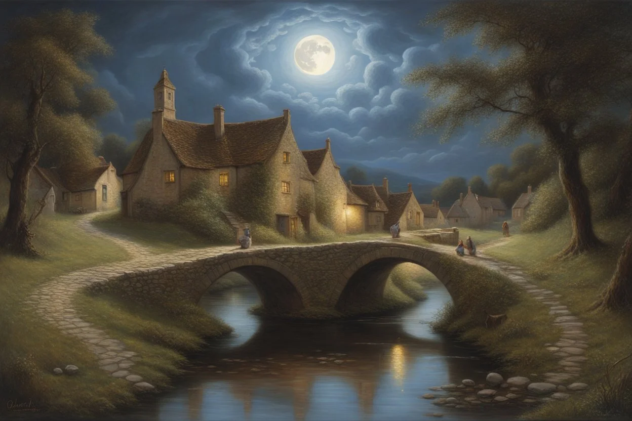 A Cotswold village, a brook, a bridge, Full moon, beautiful celestial sky, Milky Way, hyper-detailed art by Ivan Kramskoi. elegant intricate oil on canvas beautiful high detail award winning fantastic view crisp quality hdr