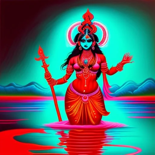 An oil painting of goddess Kali crossing a lake, neon red colors,