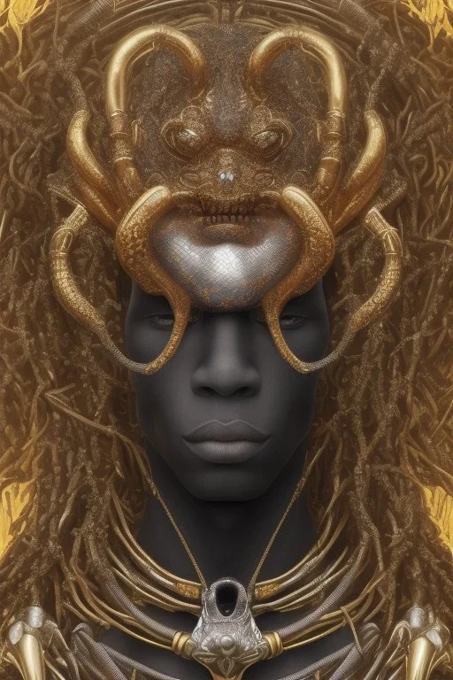 shiny black male African Egyptian alien, cracks in the voodoo head, wicked, eyes, crown, Elephant, 8k, finely detailed, photo realistic, tiger turquoise skull head gold dragon space alien snow skeleton gold horny toad silver crown silver eyes