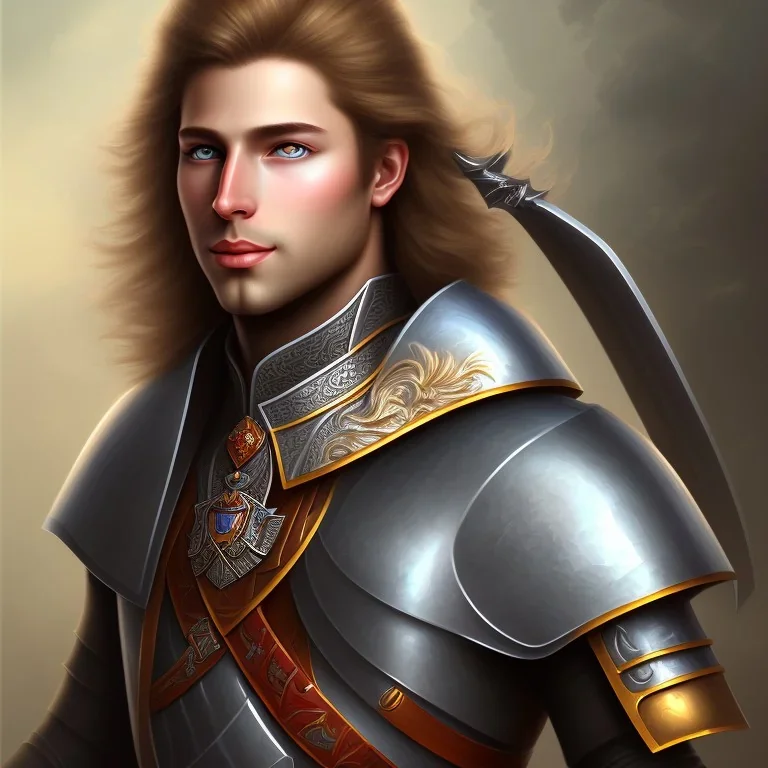 Portrait of a pretty prince warrior without beard. Has grey eyes, mullet hair