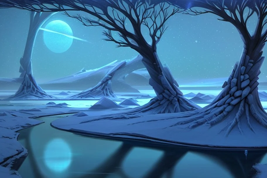 Ice blocks near one tree, night, lagoon reflection, sci-fi, epic,