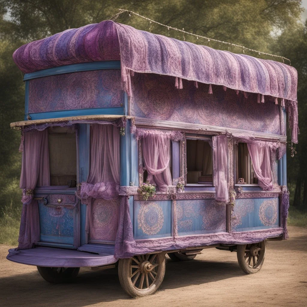 Old fashioned purple, blue and pink gypsy wagon decorated, curtains fluttering in the wind