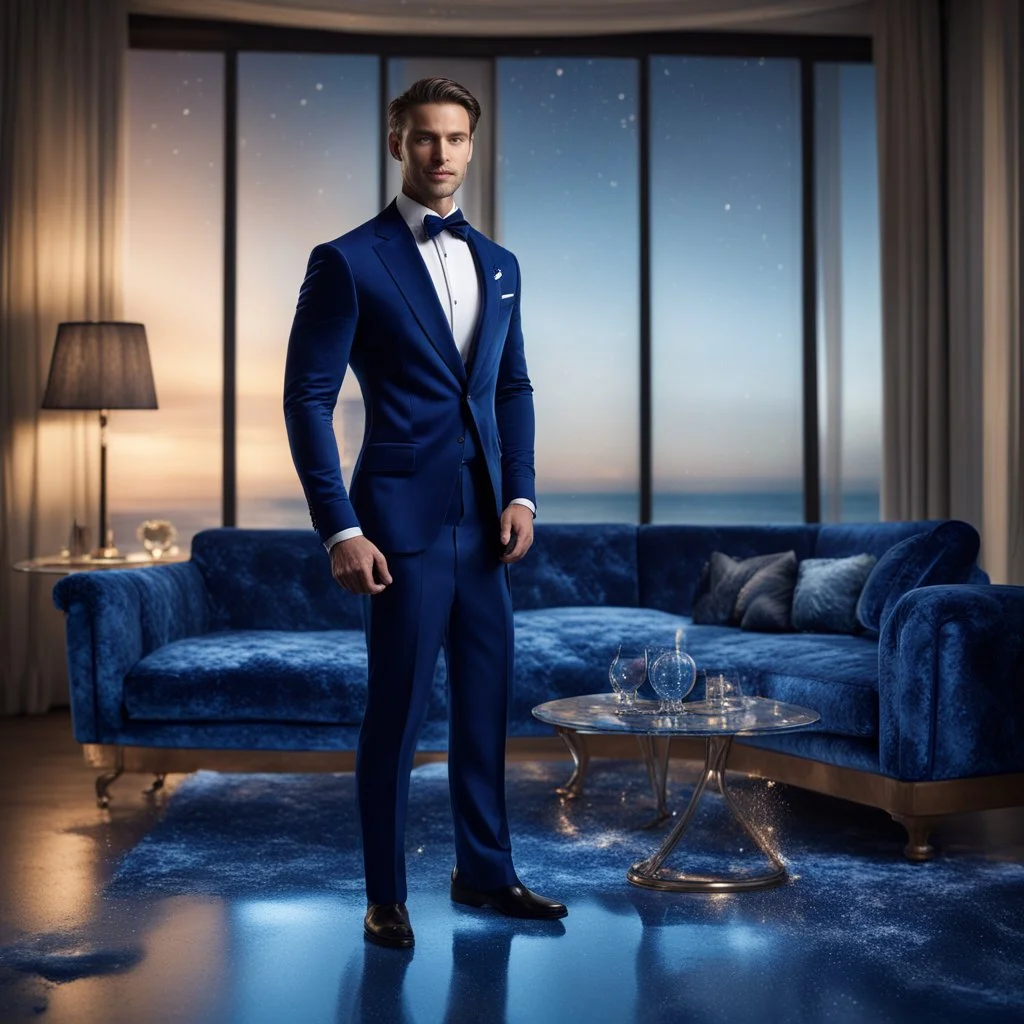 Hyper Realistic Handsome-Muscular-Man-with-little-smile Wearing Navy-Blue-Velvet-Tuxedo standing in a dark-room with blue-patterned-living-room-with-glass-windows-&-beach-view-at-night & water-splashes on the floor with fancy-navy-blue-couch-&-fancy-lamps-on-wall