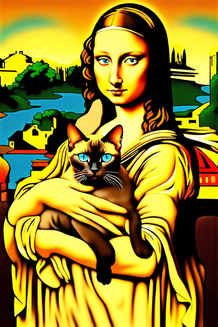 Mona lisa holding Siamese cat with blue eyes in art style of Botticelli artwork Modifiers: highly detailed 8k beautiful colourful matte background Michelangelo acrylic art aesthetically perfect facial features Siamese cat Chocolate point color Blue eyes only Sphynx cat