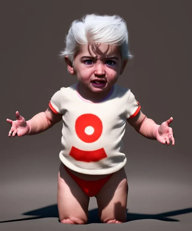 Pedro almodovar toddler, full body, white hair, dramatic lighting, hyper realistic