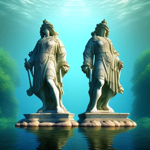 two huge stone statues are visible from the water