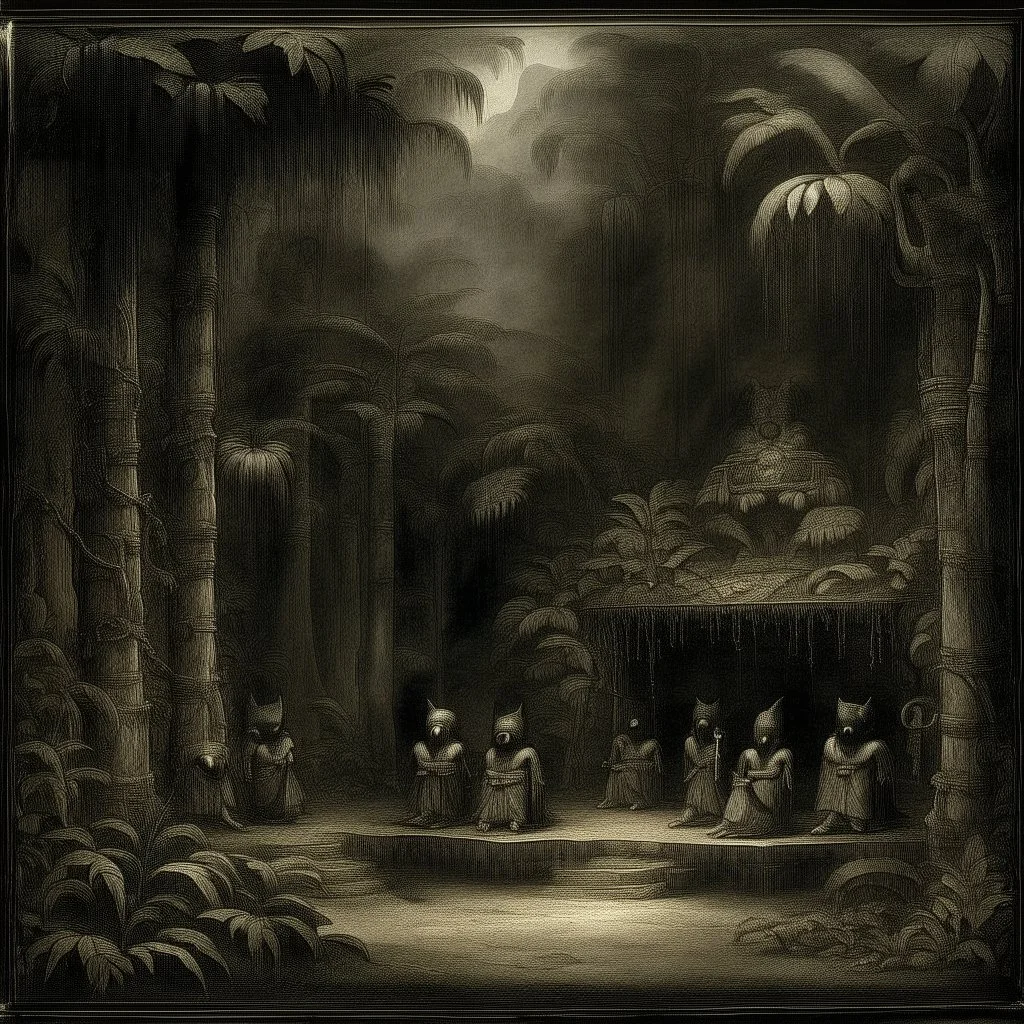 A dark warm gray thespian show in a jungle designed in Japanese Oni masks painted by Albert Pinkham Ryder