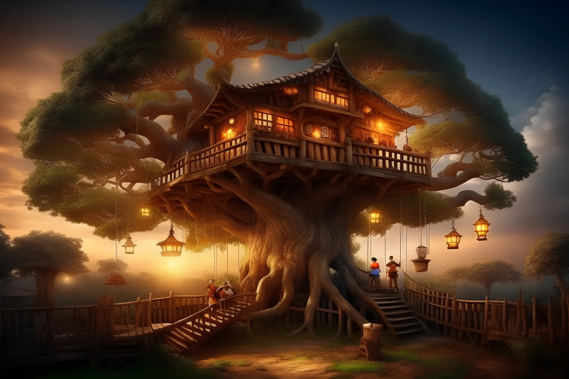 The tree of Heavens, huge tree floating heaven, warm and cozy, people living in huts on the tree, firelights, beautiful, Serene, Warm place