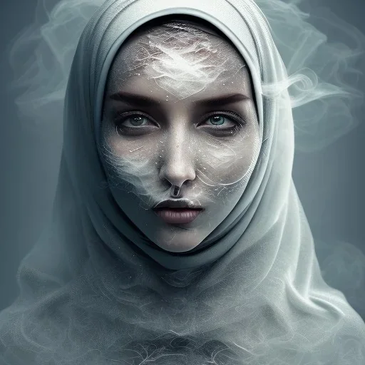 clouds of fog as woman's face, dissolving, disintegrating, wearing hijab, turning to smoke, turning to fog, wearing hijab, fine detail, highly intricate, ghostly, modern surrealism painting, high-quality, volumetric lighting, 8k, ultrahd, George Grie, Marco Escobedo, Igor Morski,Brian Froud, Howard Lyon, Selina French,