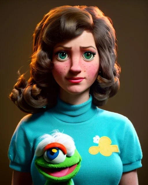 Portrait, Irish waitress woman with monster muppet mask that covers her entire head, retro style, Sesame Street style, cyan, smooth, unreal engine 5, god lights, ray tracing, RTX, lumen lighting, ultra detail, volumetric lighting, 3d.