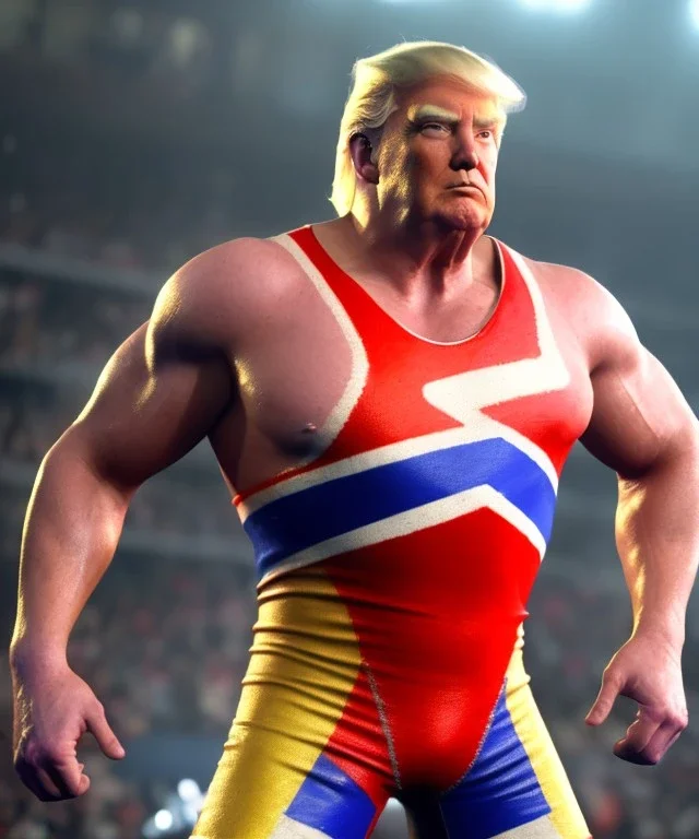 Realistic image of Donald trump wrestler, Mexican wrestling style, eye liner, red and blue breeches, glow us flag dress, suspenders, retro style, 80s, vibrant color, highly detailed, clean background, concept art, unreal engine 5, god rays, ray tracing, RTX, lumen lighting, ultra detail, volumetric lighting, 3d, finely drawn, high definition, high resolution.