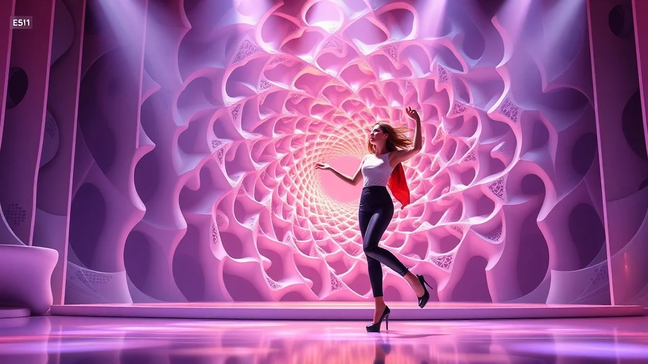 modern stage with a beautiful lady in modern clothing dancing, 3D recursive fractal structure animating background