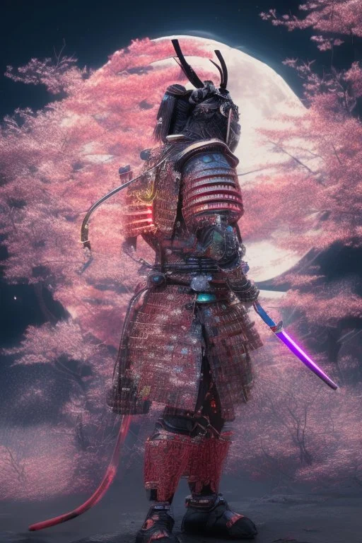 Mystical samurai emitting an aura with a long, neon sword emitting an aura