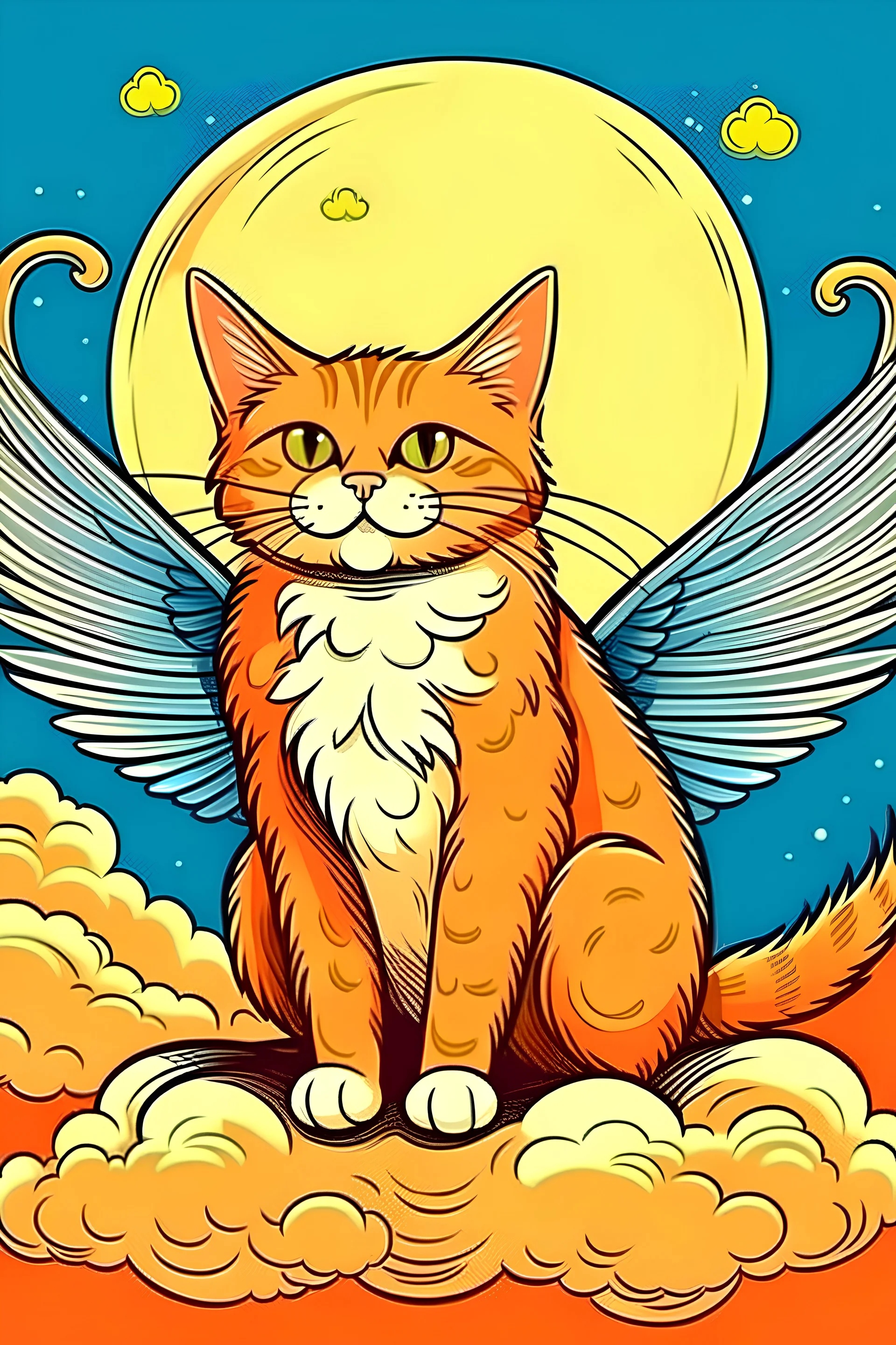 orange cat with stripes in heaven with wings and a halo comic style