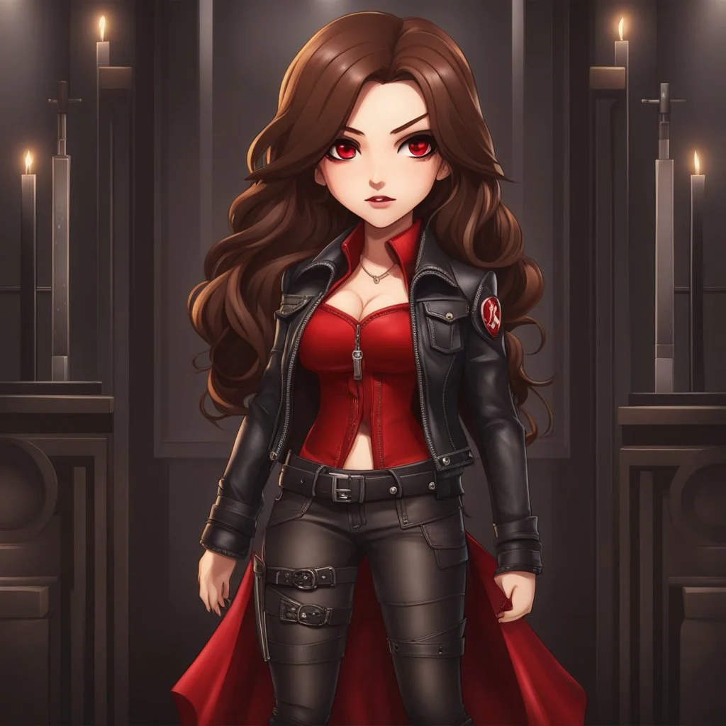 a chibi woman with long brown hair, red eyes, mafia princess, leather and denim outfit, torture, intricately detailed,