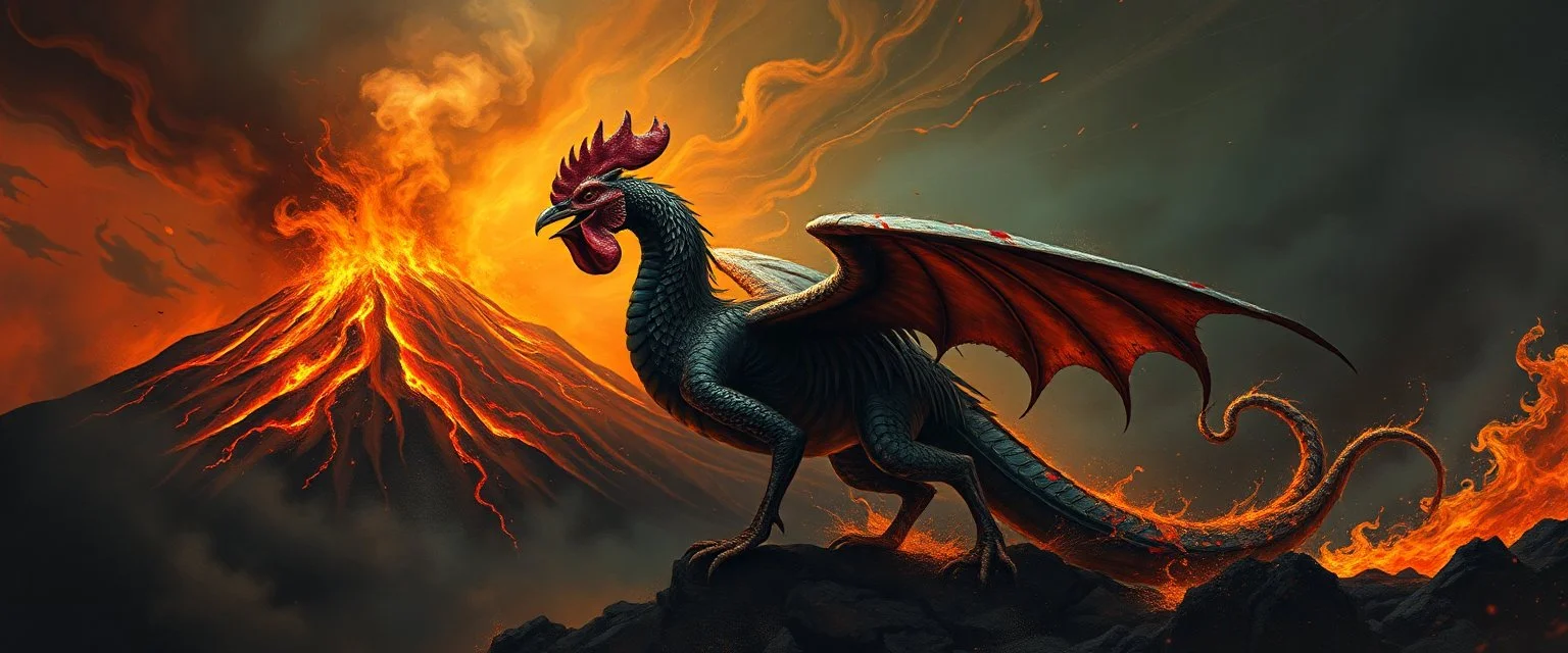 Nabraxas fire and darkness volcano Haiti dragon with rooster head and serpent legs as a vision of the beginning of awakening within a dream of paint color and time and a whip covered in blood