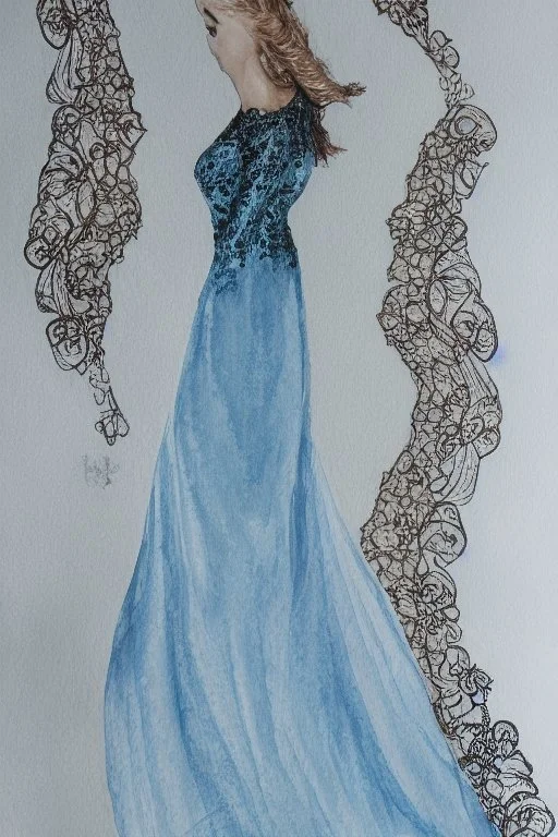 A beautiful woman in lace night gown in a luxury bed in a luxury bedroom, pastel blue watercolour and black ink, shiny gold metallic pieces outlining highly detailed digital painting elegant intricate very attractive award winning fantastic view crisp quality in candlelight