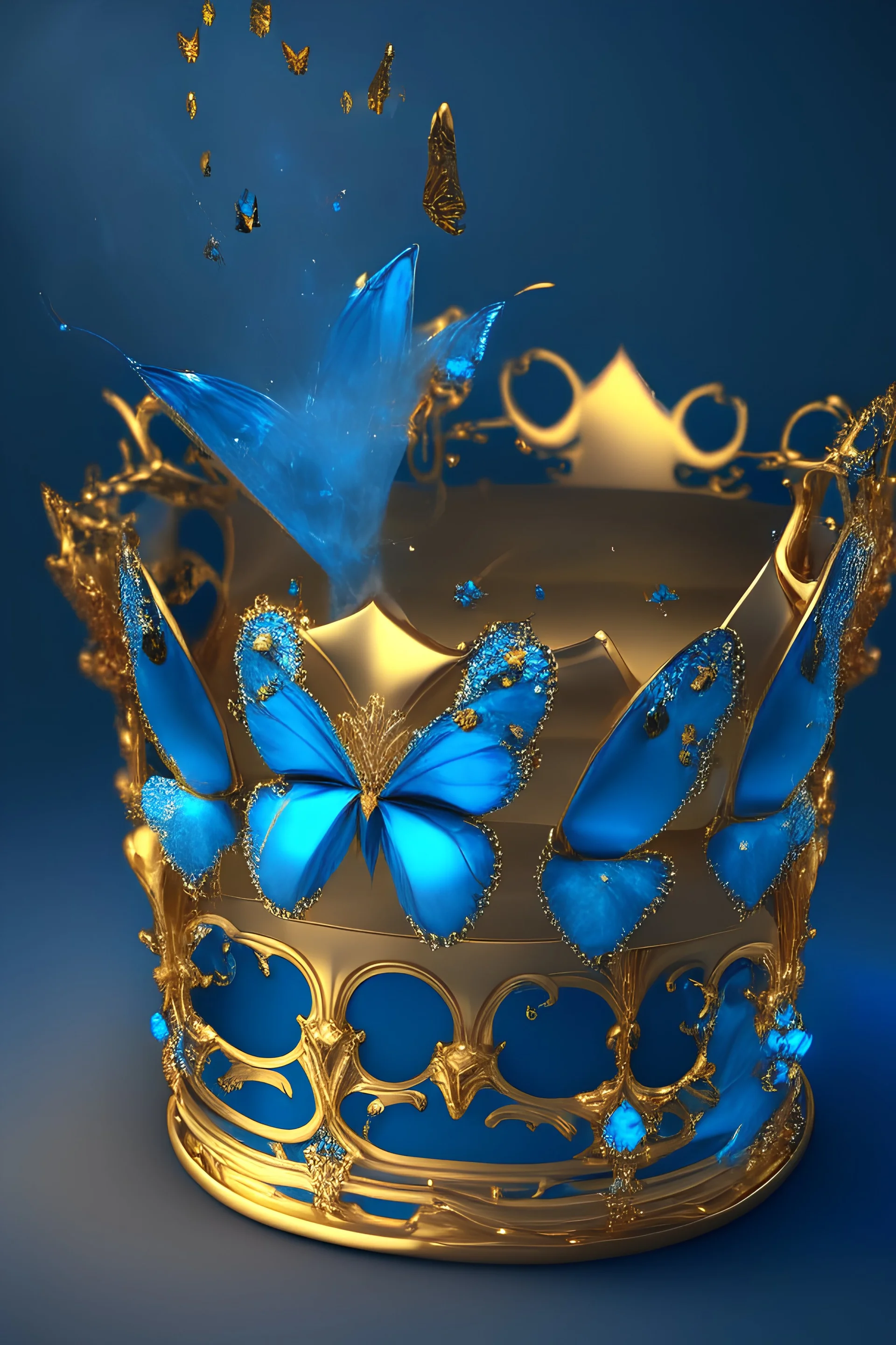 Tiara of gold and blue diamonds,kept in a gold box, blue smoke around it, gold butterflies, realistic, cartoon, 8k resolution