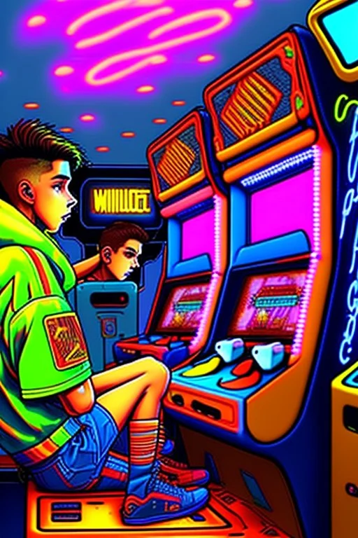 a millineal teenage boy is playing video arcade games, bright colored clothes from the 90s, hairstyles of that time