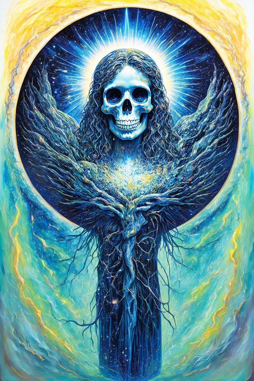 I am pure energy breaking free. A transitional phase between death and rebirth: Celestial Symbolism; lowbrow with surreal elements