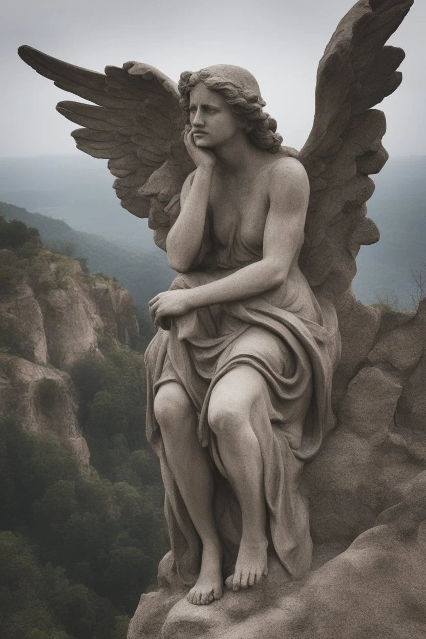 A large statue on a cliff of a crying angel