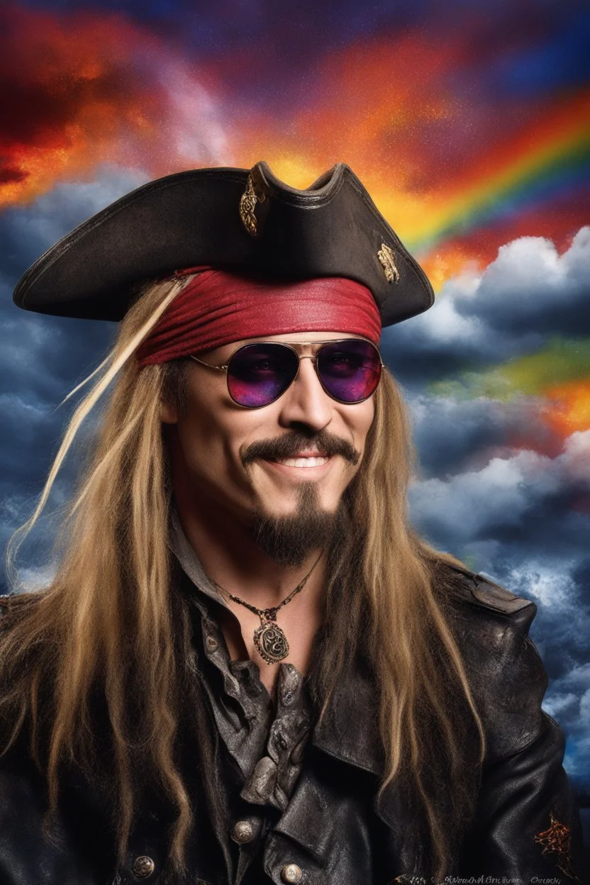 head and shoulders image, Captain Jack Sparrow - Kiss Me Deadly - Reptilian-skinned - Ray-Ban sunglasses - Motley Crue - gothic pale-skinned vampire, fire and multicolored electrified cosmic clouds, Professional quality Photograph by Hoy Tung lu- Multicolored lightning -a smiling, long, blonde hair, blue eyes, goth makeup, black leather biker's jacket, black leather pants, combat boots, black fingerless gloves, sitting on in the forest next to a fire,