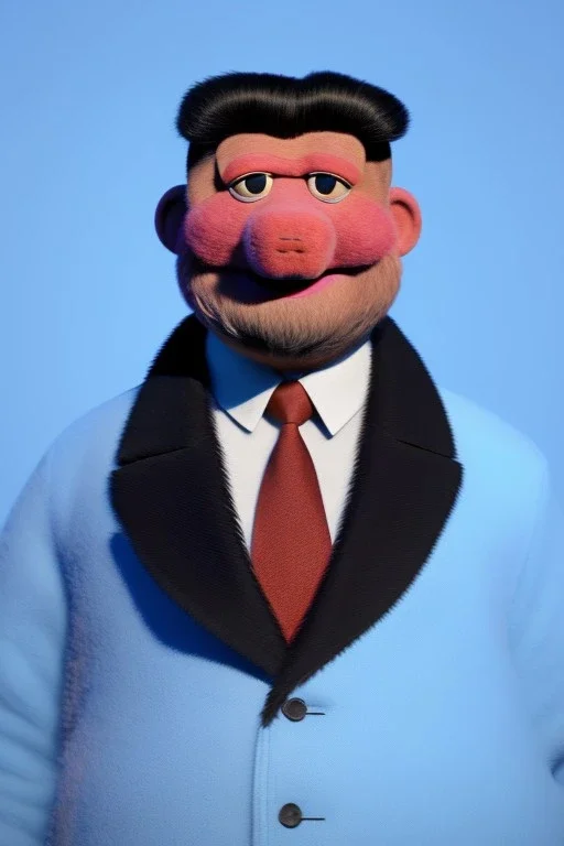 Waist up muppet Portrait, Kim Jong-un as muppet doll, black suit, photo studio, blue background, unreal engine 5, concept art, art station, god lights, ray tracing, RTX, lumen lighting, ultra detail, volumetric lighting, 3d.