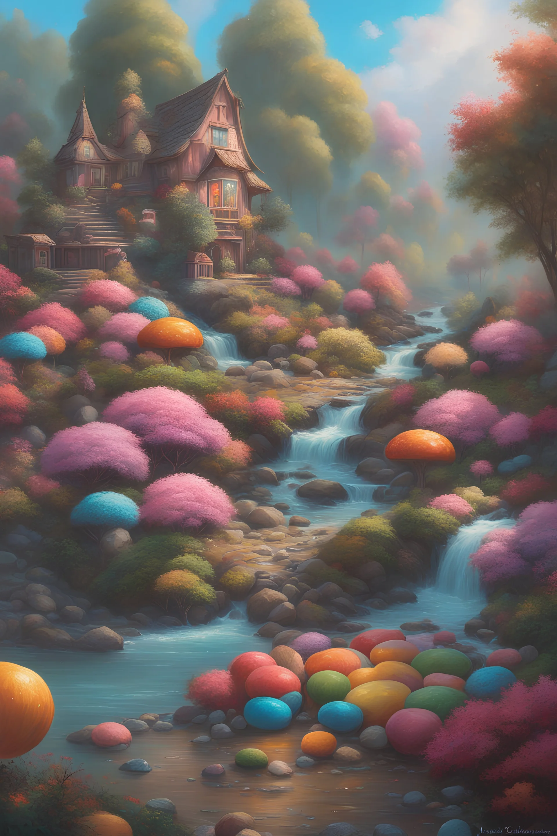 Candy wonderland landscape, painting_by_James_Coleman+Rodel_Gonzales+Thomas_Kinkade, Emotional_depth, luminism, intricately_detailed, Splash_art, Artstation, moody, Unreal_Engine_5, hyperrealistic, perfect composition, cinematic, atmospheric