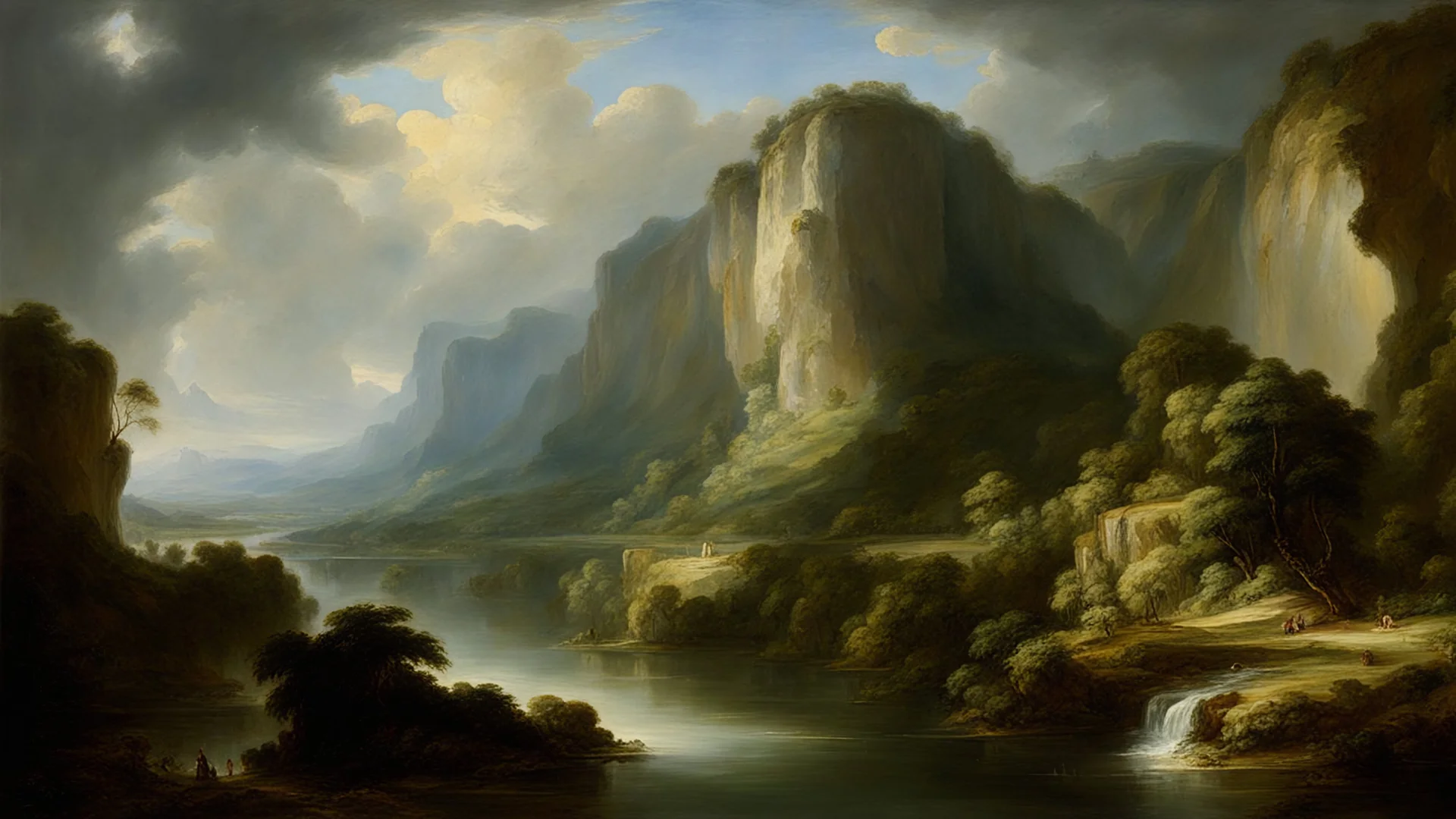 Duran Rubens painting, majestic sky, verdant valley with river and waterfall, tall cliffs