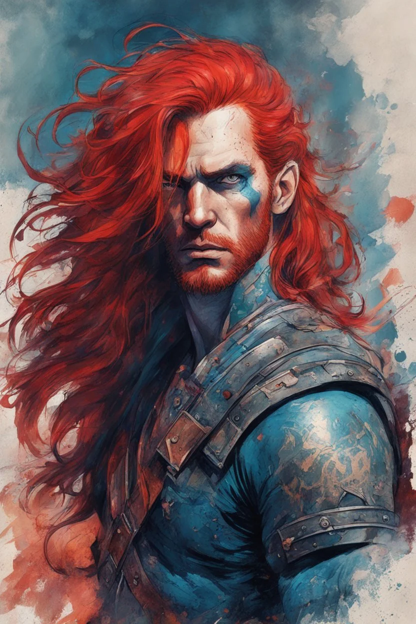 character concept illustration of a lean, long red haired, blue tattooed Pict warrior, , maximalist, sharp focus, highest resolution, in the styles of Bill Sienkiewicz, Denis Forkas , and Masahiro Ito, boldly inked, 8k, coarse, gritty textures