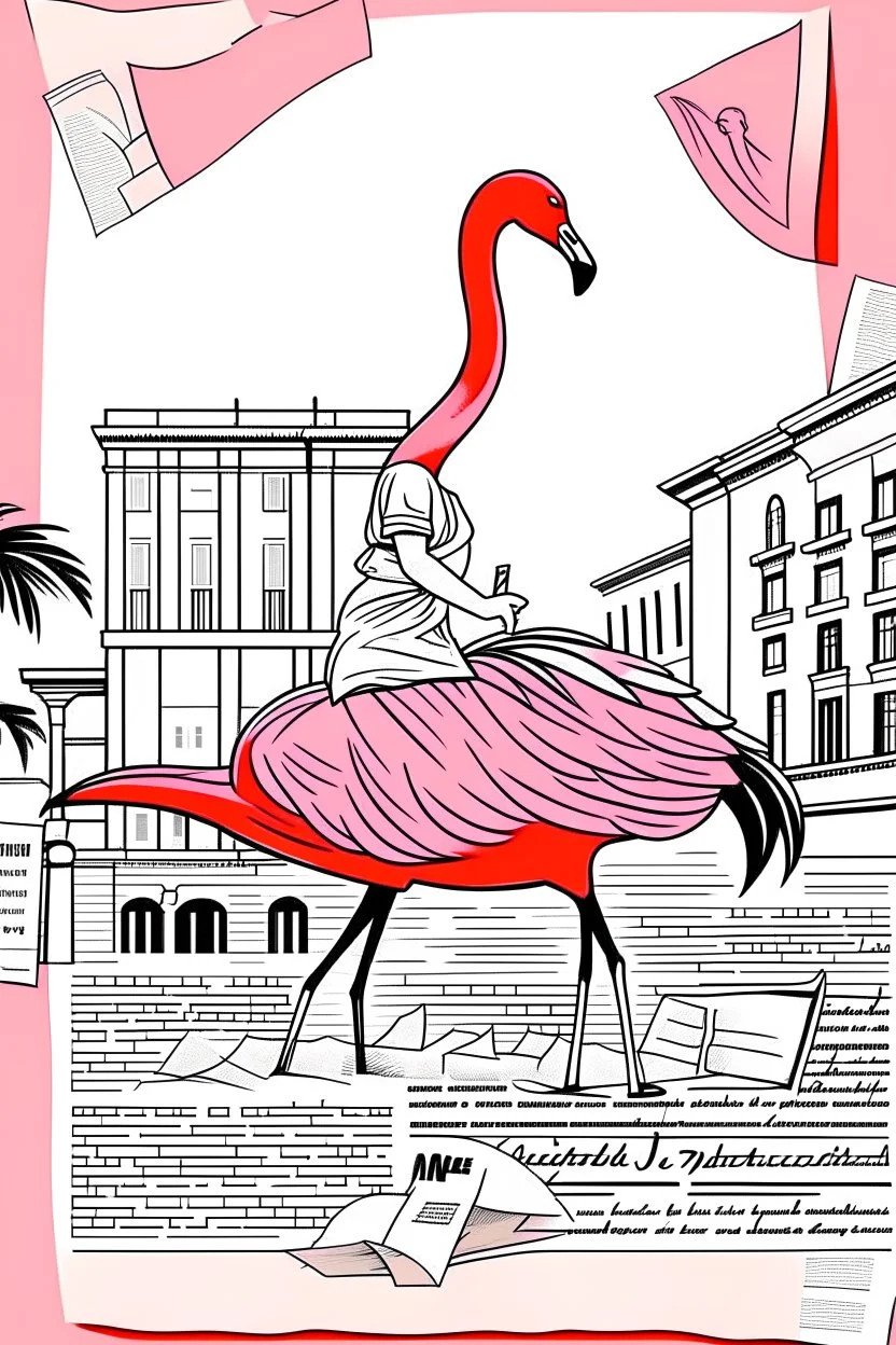 the woman rides on the back of a flamingo in the city center with a huge shopping bag, collage, stamp, old newsprint, pen, dry flower, ink, bizarre