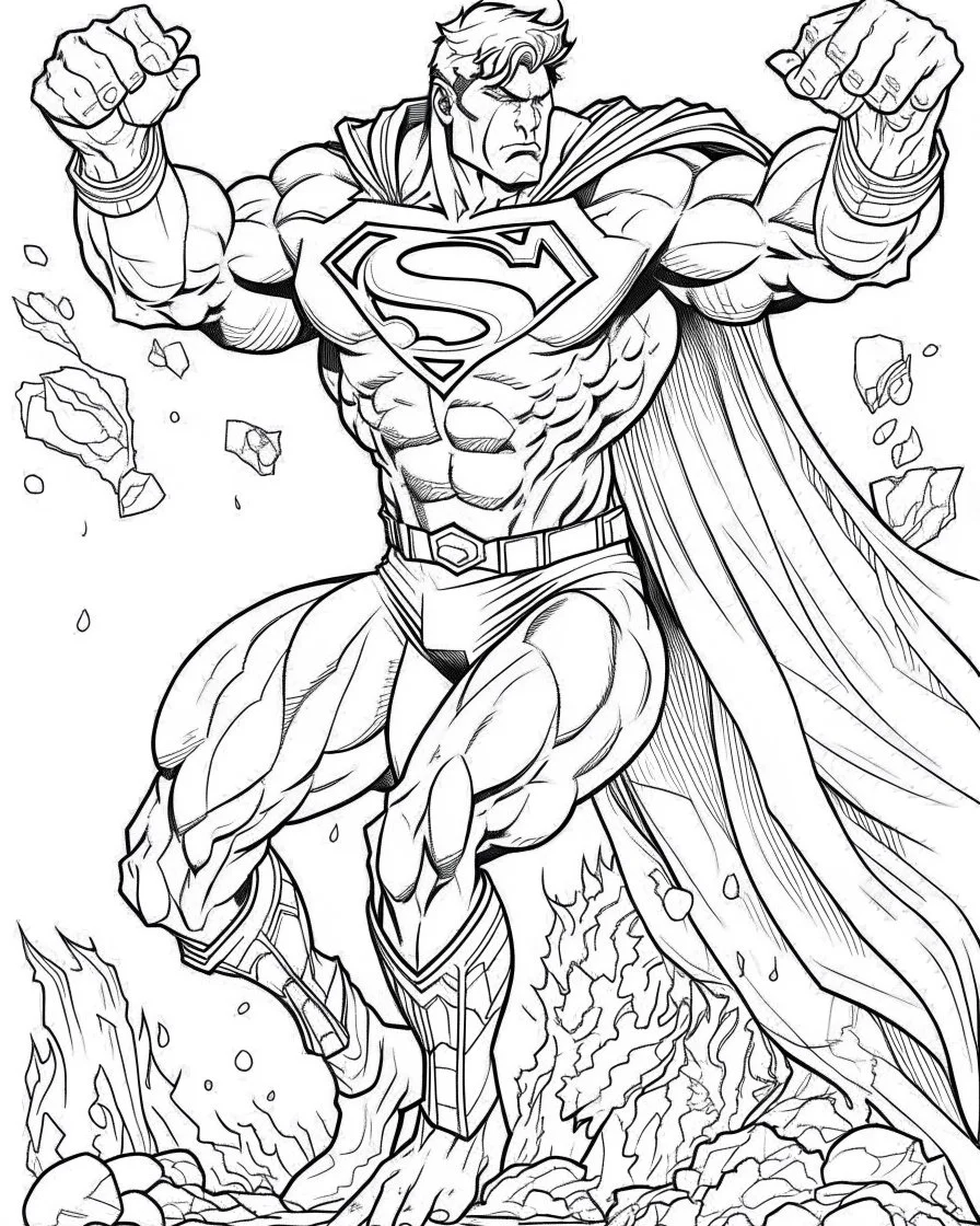 real massive superman fight coloring page, no leaves, full body (((((white background))))), only use an outline., real style, line art, white color, clean line art, white background, Sketch style