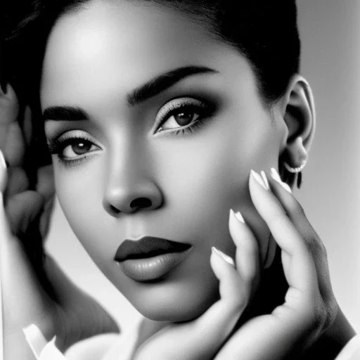 Create a black and white poster movie star celebrity Alyssa Cole by Herb Ritts photographer.The artwork should have a strong, elegant composition and capture the personality and emotion of Alyssa Cole. Use clean, simple lines and a sense of naturalness and simplicity.The artwork should be in soft colors, with strong contrasts and a high-key or low-key lighting effect.The composition should be balanced and symmetrical, with the subject positioned in the center or slightly off-center.