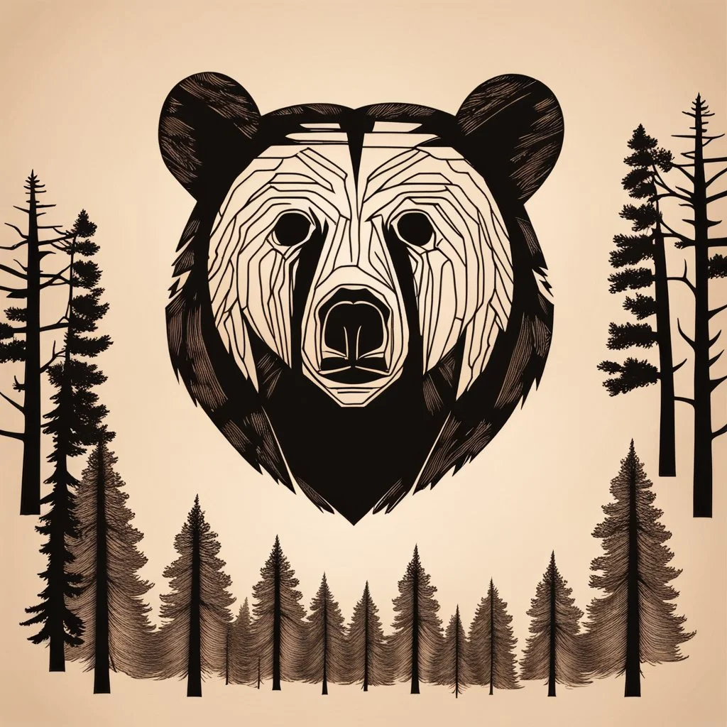 M shaped bear head combined with woods silhouette in backround, letterpress style, minimalistic pencil art