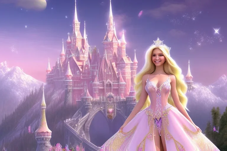 castle in background, beautiful, soft, big smiling, straight and long blonde hair, dewy and shiny atmosphere, diamond crown, long fairy wings in the back, full head, pink veil clothes