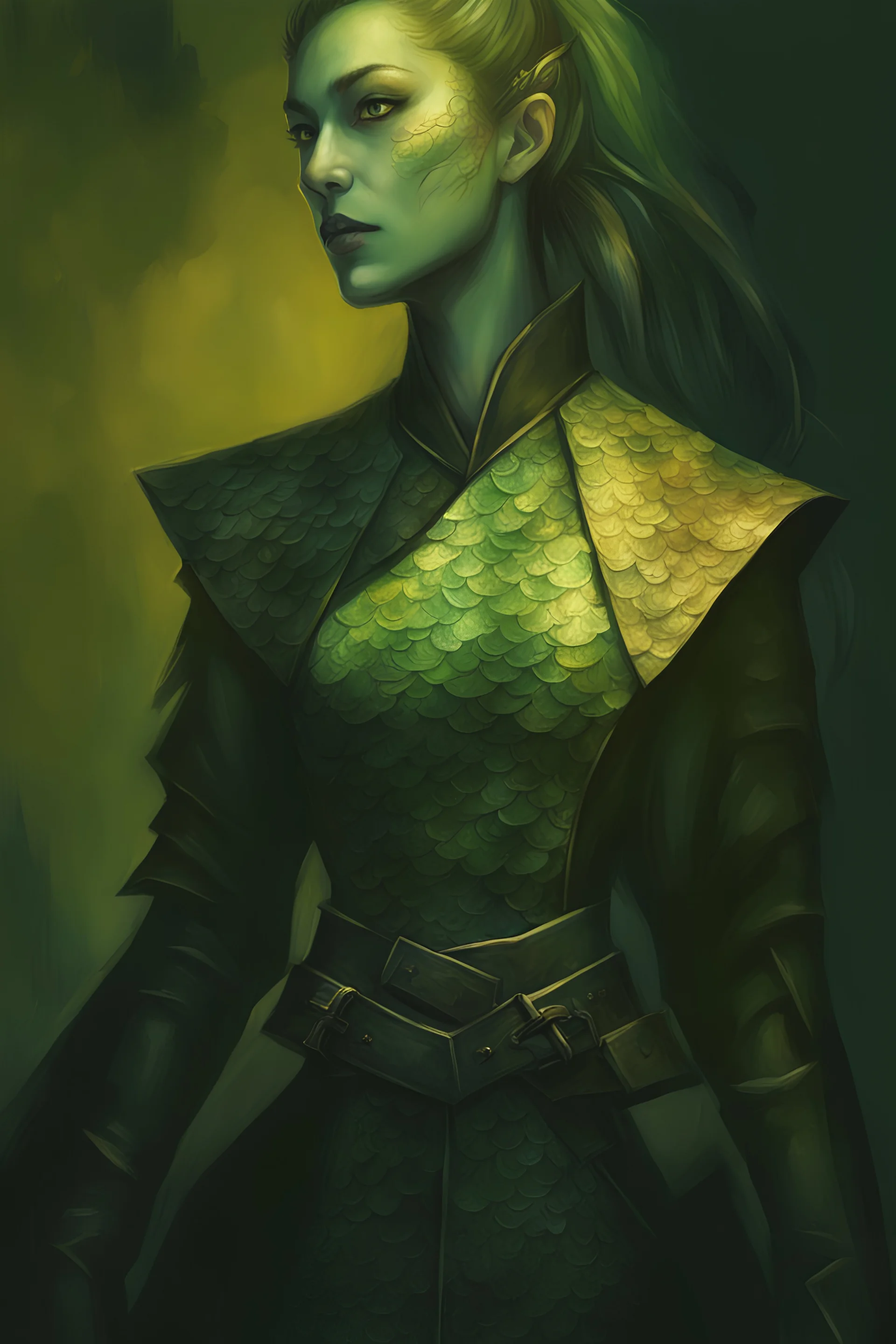 female yuan ti, green scales, wearing a black leather armor, dungeons and dragons