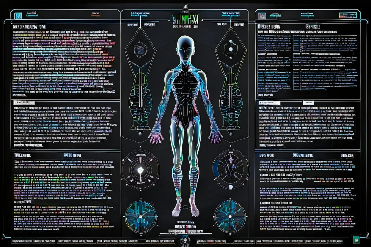 Minimalist infographic about human being, alien-made, extraterrestrial design, clear and legible text, text-heavy, black grainy background, big text, strange glyphs, high quality, minimalist, alien design, clear and legible, infographic with extraterrestrial layout, detailed text, minimalist design, professional