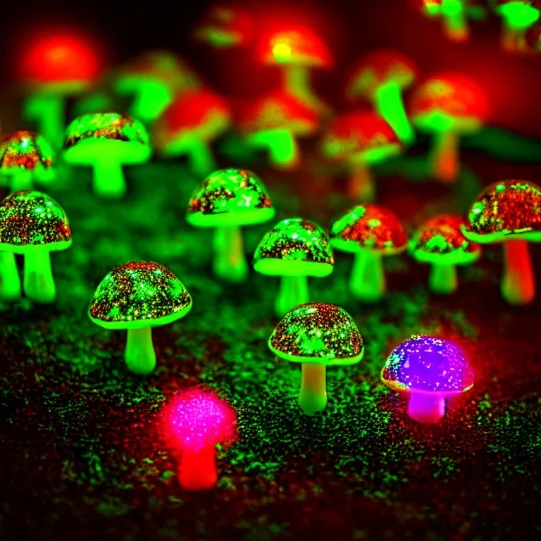 glass mushrooms with glowing plasma neon sparkles, astral forest, night, cinematic lighting