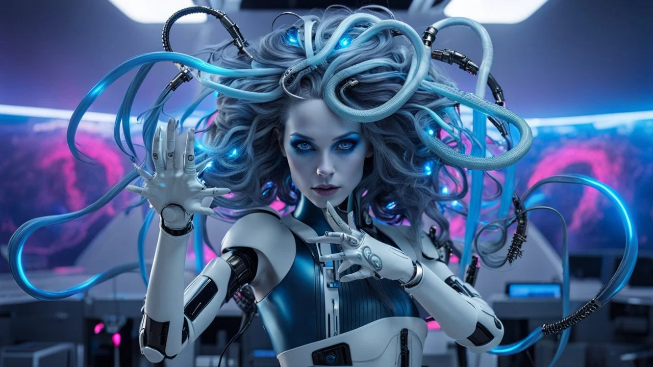 midle shot from An android-mutant woman with long white-blue swirlings plastic, neon and metal hair, a biomechanical mutant with sky-blue eyes, white shiny robot body with some blue led, she name the AI-Medusa looking at camera. The woman with like snakes of hair, the wirling with blue-white hair, she stands in the futuristic office, stunning, mystic and sci-fi mix creature, high detalied, sharp focus, perfect beauty, professional photo