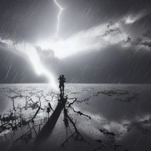 Heavy rain. Epic Lighting in the sky. Knight with magic scroll in hand. Falling meteorite from the sky. Meteorite burning in the distance. Dark mud.